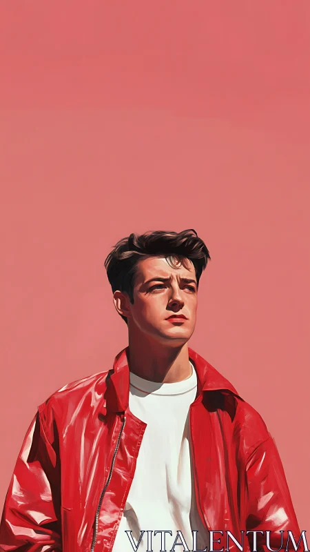 Digital painting portrait with minimal red field composition.