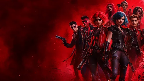 Edgy cyberpunk heroes stride forward through burning crimson fog