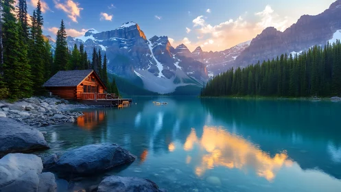 Glacial lake cabin with alpine reflection symmetry at dusk.