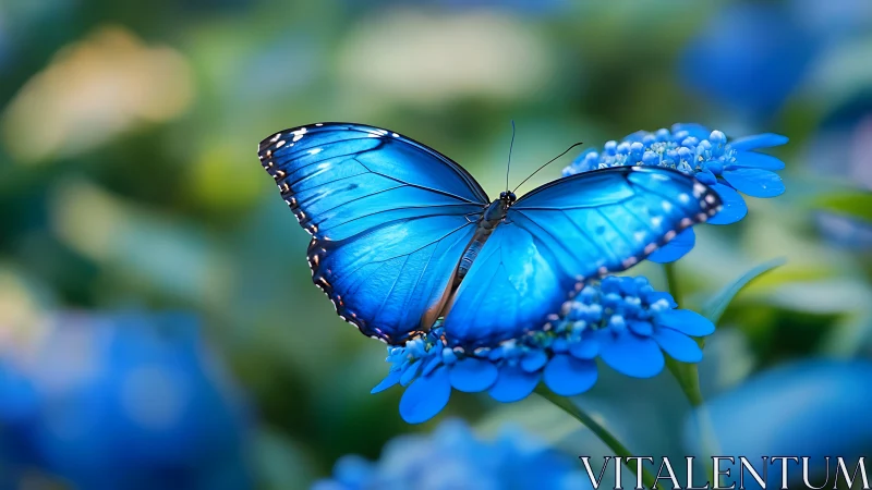 Brilliant blue morpho butterfly resting on vivid blossoms.