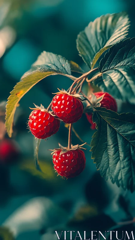 Ripe red raspberries hanging on branch in soft teal bokeh.