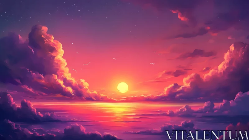 Sunset sun over reflective ocean with vivid colorful clouds