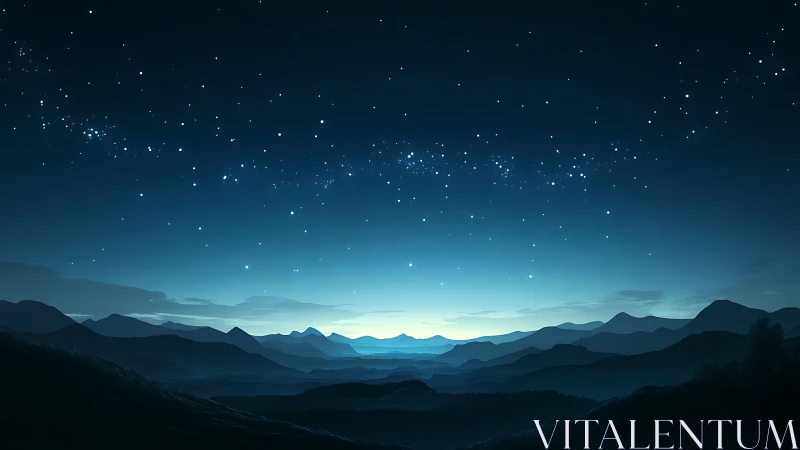 Serene mountain silhouettes glow beneath a starry dawn sky.