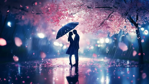 Rainy Romance Under Cherry Blossoms.