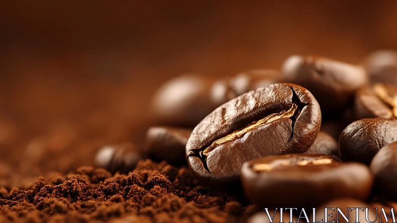 Golden roasted coffee beans resting on rich ground espresso.