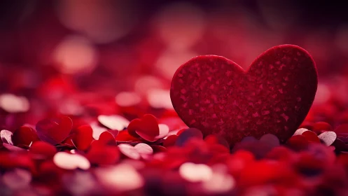 Red velvet heart rests among scattered petals of love
