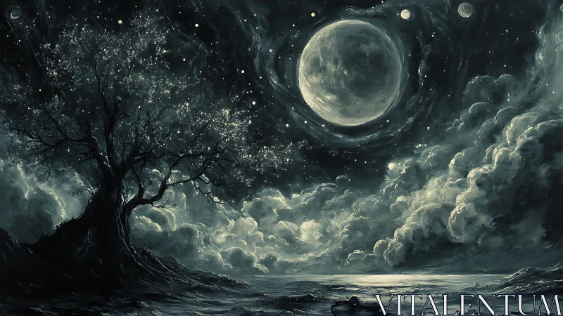 Ancient twisted tree faces immense moon above storm sea