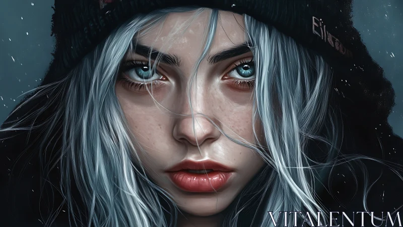 Ice-eyed girl with silver hair in winter street portrait.