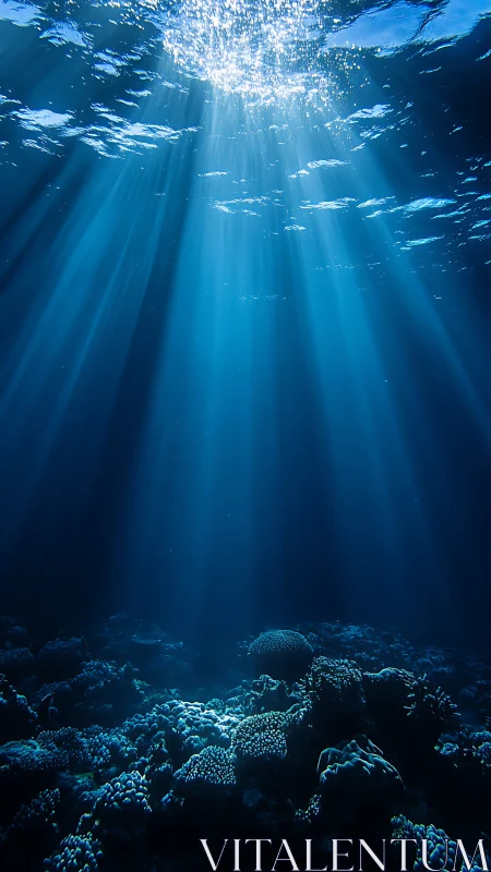 Sunlight rays penetrating blue seawater above coral reef.