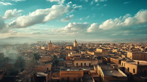 Sunlit Middle Eastern cityscape under wide clouded sky.