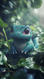 Cartoon frog-like creature sits in rainy green foliage