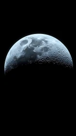 Half illuminated moon surface shows detailed craters sharply