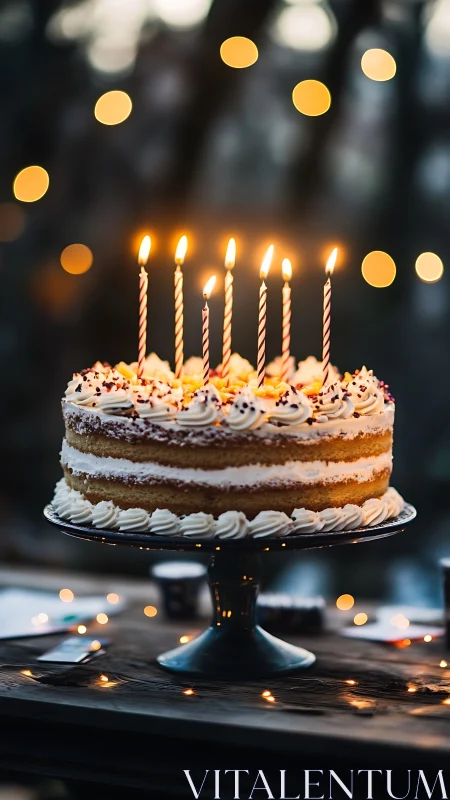 Layered birthday cake with lit candles against bokeh backdrop