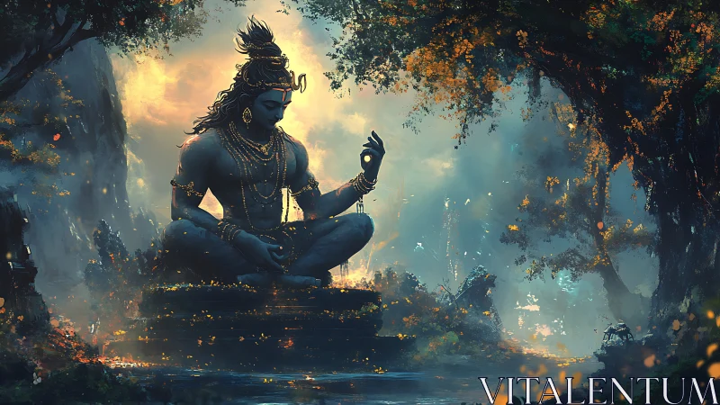 Meditating blue deity statue in glowing forest clearing.