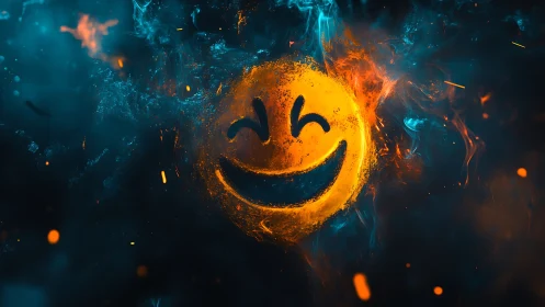 Smiling ember face glowing warmly in swirling cosmic smoke.