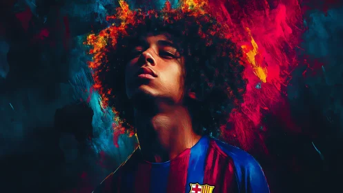 Defiant young footballer rises amid blazing abstract colors