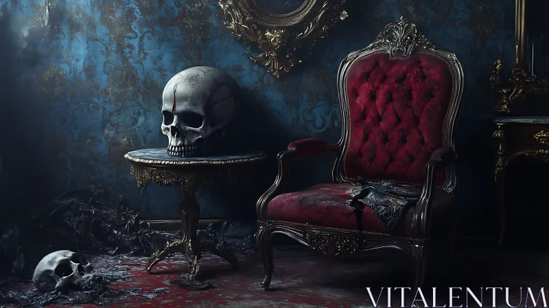 Velvet throne and quiet skulls in a moody gothic parlor.