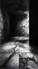 Marble corridor under high-contrast volumetric light mapping.