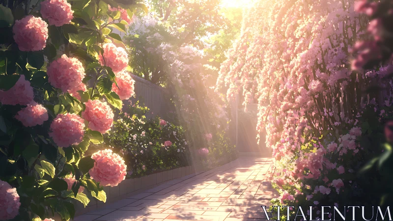 Sunlit garden path lined with pink hydrangeas and blossoms.