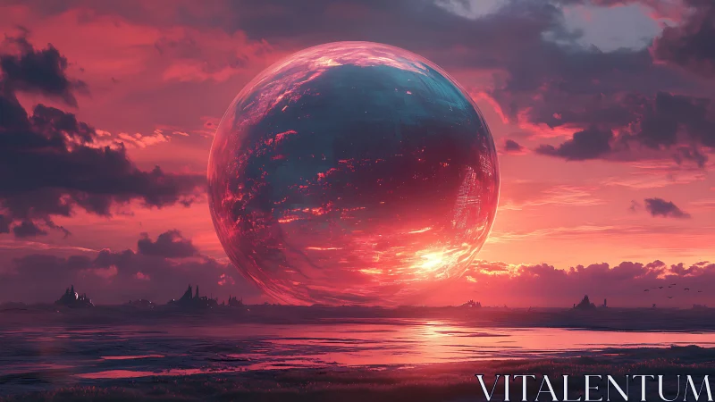 Colossal reflective sphere over alien tidal flats at sunset