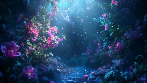 Bioluminescent Deep Cavern Garden with Flowing Water, Magenta Blooms. High-Resolution 3D.