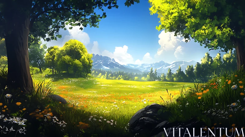 Framed meadow landscape shows distant snowcapped mountains