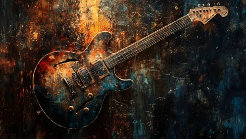 Semi-hollow electric guitar on abstract textured bokeh backdrop