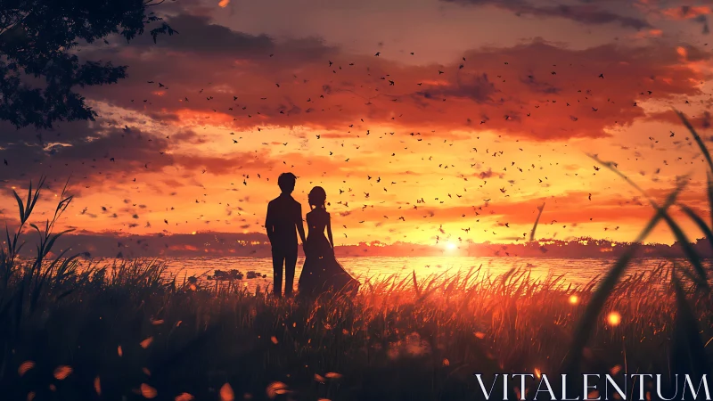 Silhouetted pair in grassland observing sunset over water.