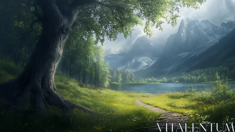 Mountain lake landscape with forest path and tree.