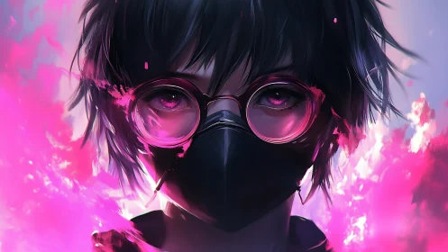 Masked character with glowing pink eyes and glasses.