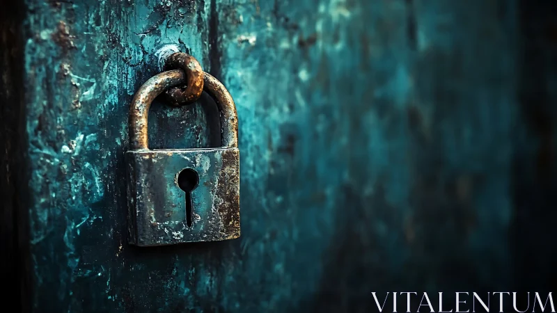 Weathered metal padlock on textured teal wooden door.