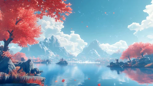 Crimson trees frame crystal lake beneath alpine peaks.