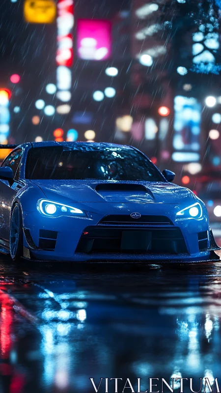 Neon city rain cradles a blue sports car ready to sprint