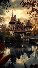 Fairy tale style manor house reflects on calm pond at sunset