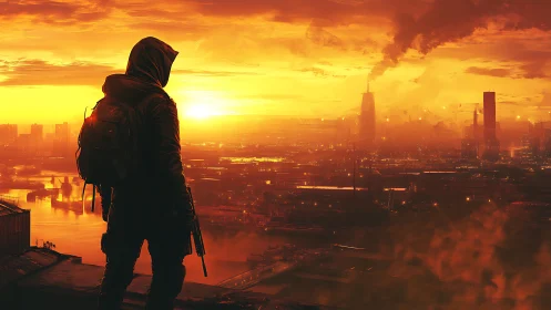 Armed wanderer surveys burning dystopian city at sunset glow