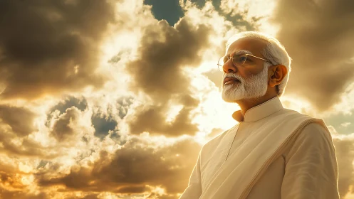 Elderly man in traditional attire under dramatic clouded sky.
