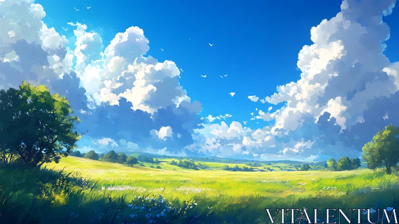 Digital landscape depicts open meadow beneath cumulus clouds