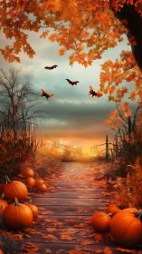 Pumpkin-lit dusk path where autumn and Halloween whisper.