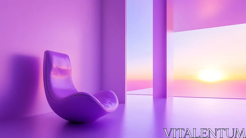 Curved violet lounge chair faces a glowing pastel sunset view