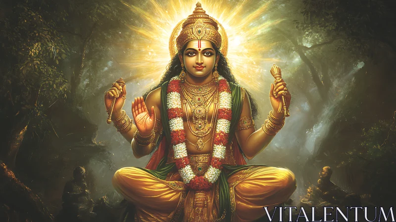 Golden forest deity in radiant meditative stillness.