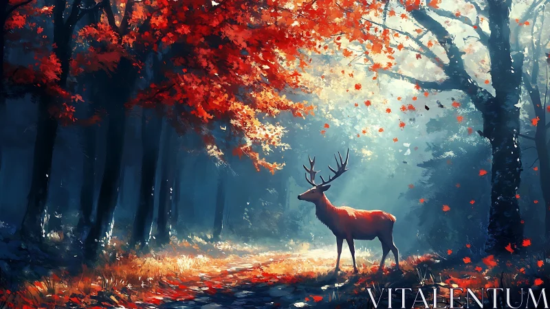 Backlit stag under saturated red canopy in misty forest clearing