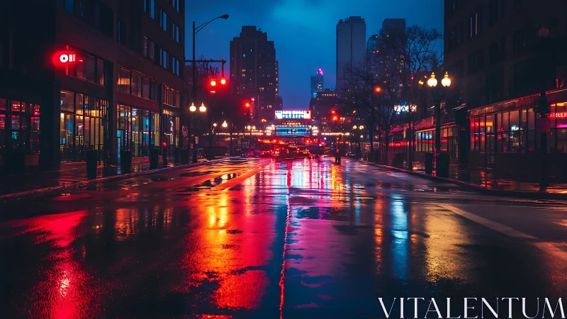 Neon-lit rain street with reflective urban vanishing point focus.