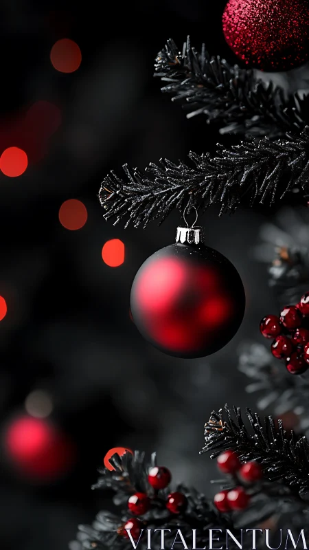 Red matte bauble on black Christmas tree with bokeh glow.