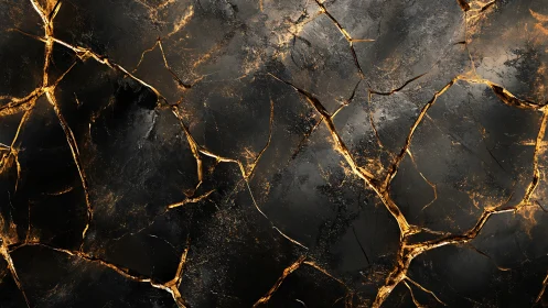 Fractured dark surface shows metallic gold vein network