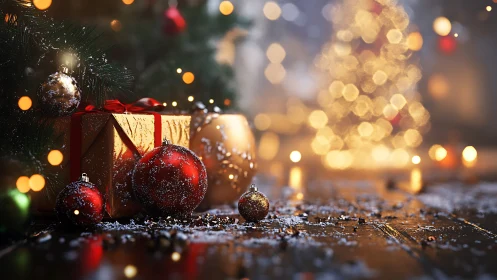 Glowing Christmas gifts and ornaments rest in cozy candlelight