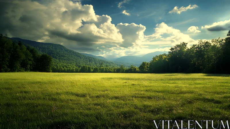 Sunlit grassland before forested hills under clouded sky.
