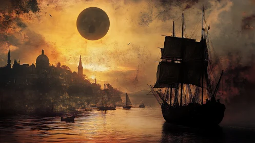 Tall ship silhouette crosses eclipse-lit harbor under textured sky