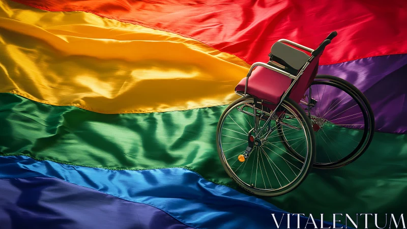 Wheelchair silhouetted on rippling satin rainbow pride flag.