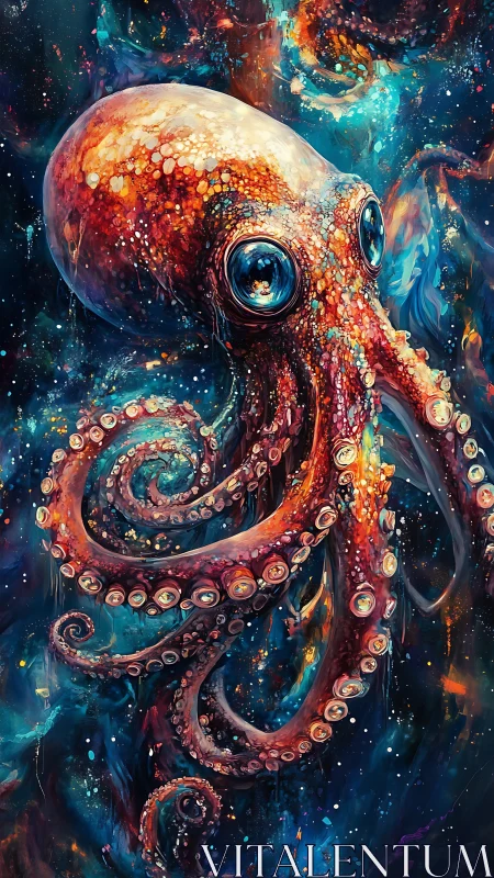 Vivid cosmic octopus with swirling neon tentacles.