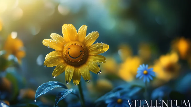 Happy Sunflower With Smiling Face in Dewdrops.